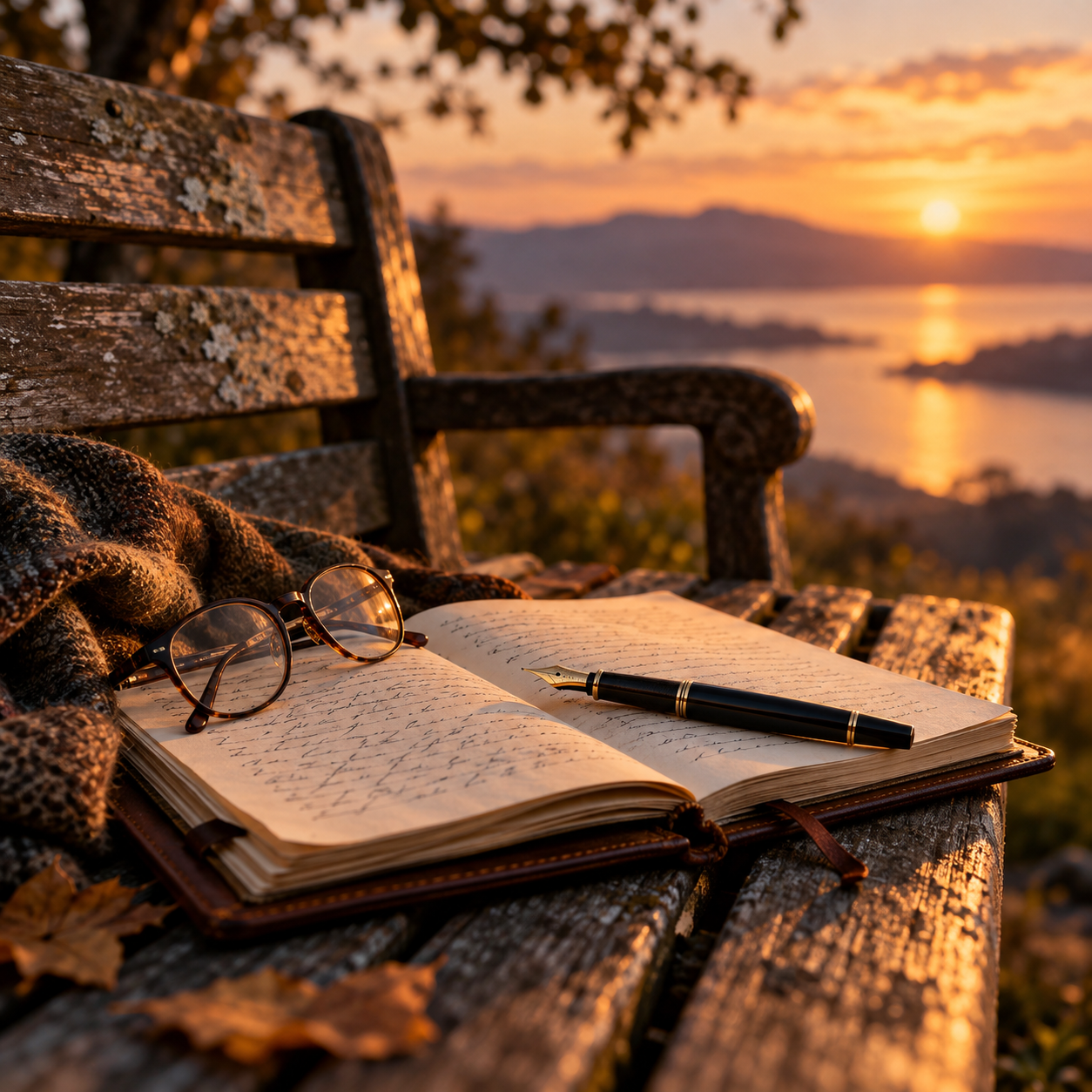 An open notebook and pen resting on a bench at sunset